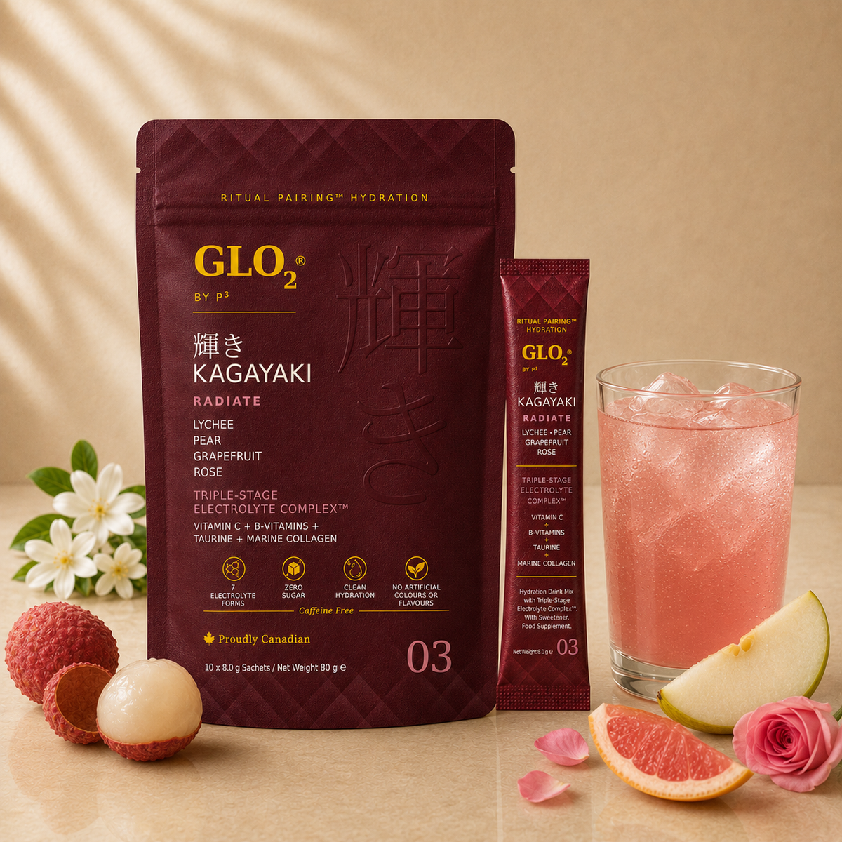 GLO₂ KAGAYAKI Radiate hydration pouch and stick pack with a prepared pink drink, lychee, pear, grapefruit and rose flavour profile