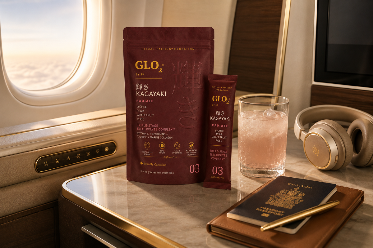 GLO₂ KAGAYAKI Radiate lifestyle shot, first class travel setting