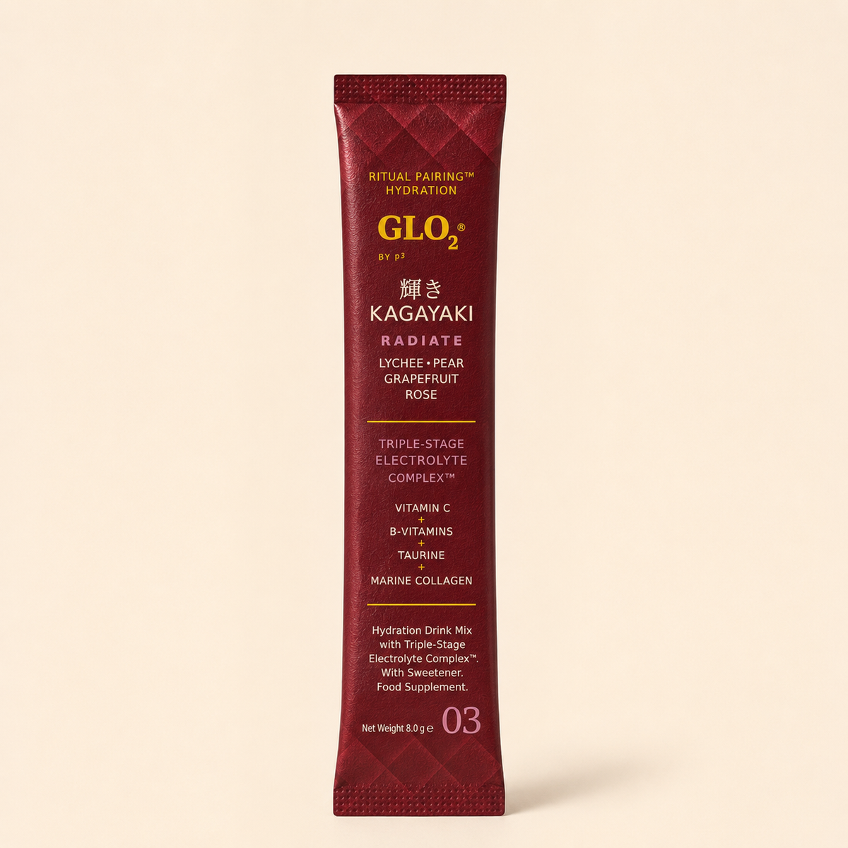 GLO₂ KAGAYAKI Radiate stick pack, clean e-commerce background