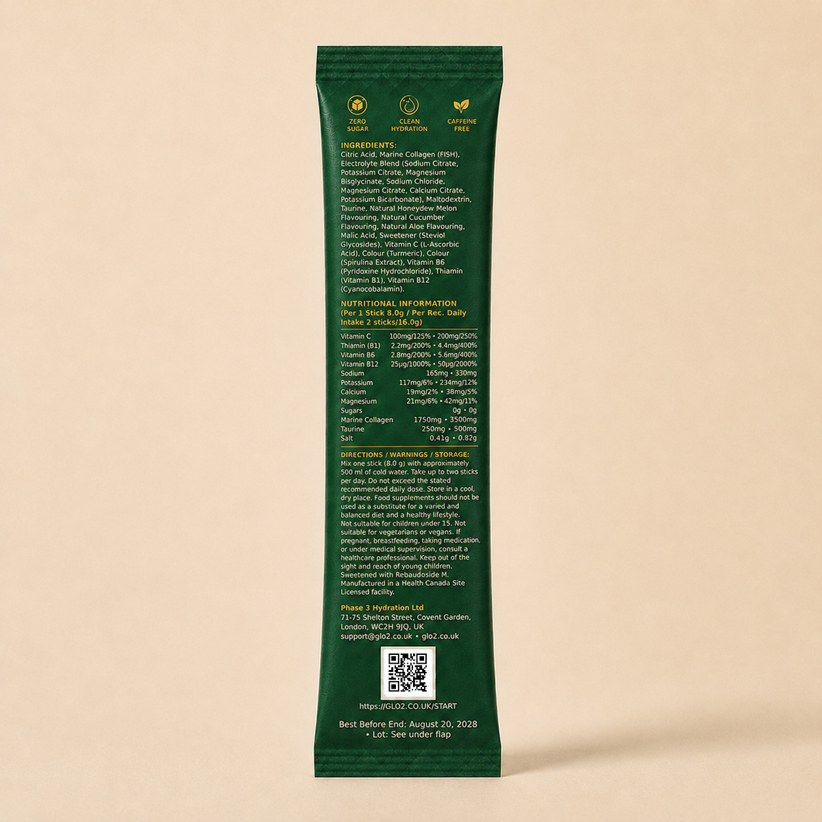 GLO₂ KODŌ Pulse stick pack back panel with ingredients and nutrition facts
