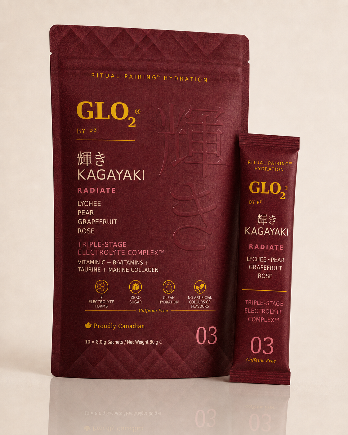 GLO₂ KAGAYAKI Radiate stand-up pouch and stick pack together, studio shot