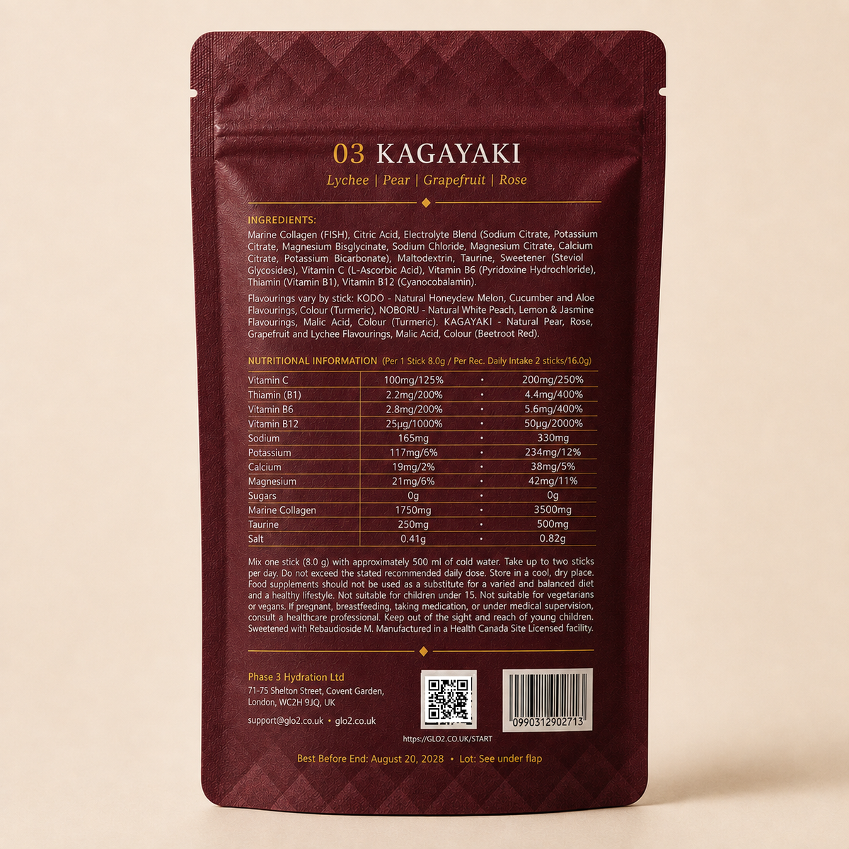 GLO₂ KAGAYAKI Radiate stand-up pouch back panel with ingredients and nutrition facts