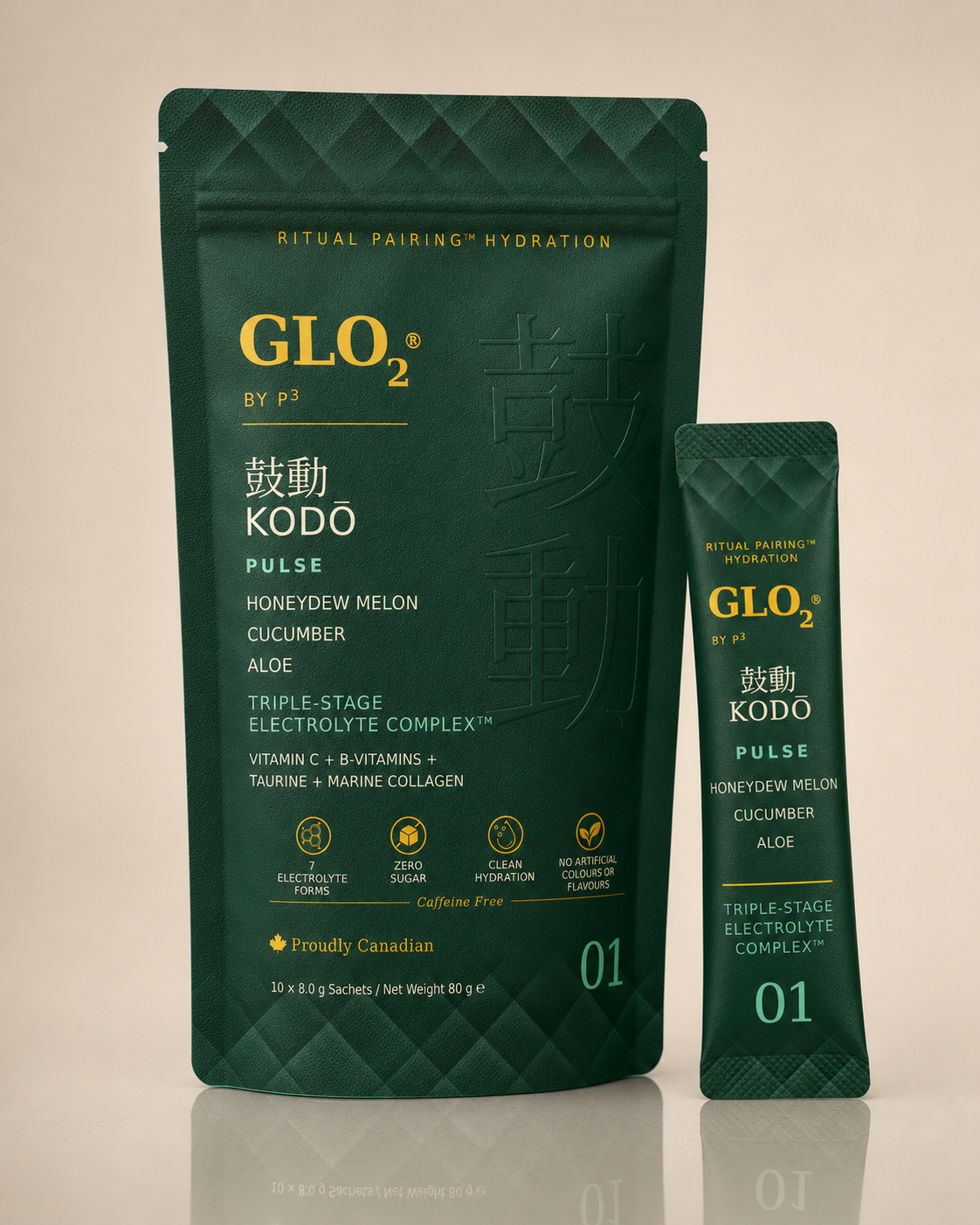 GLO₂ KODŌ Pulse stand-up pouch and stick pack together, studio shot